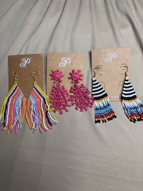 Plunder Beaded Fringe Earrings Trio - Multicolor, Pink, Black/Blue